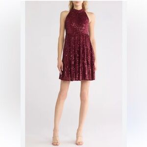 Eliza J Sequin Wine Halter Tiered Mock Neck Mini Dress size 4